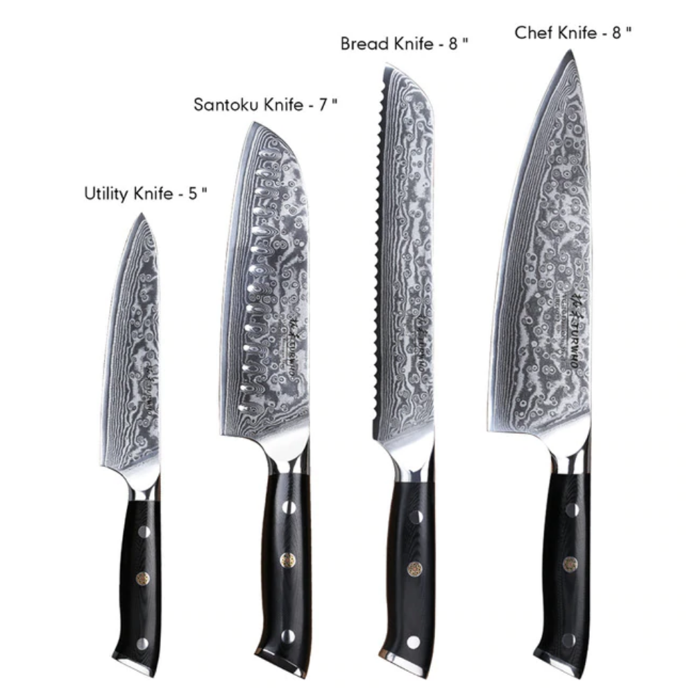 4PCS Damascus Kitchen Knife Set - Chef Knife, Santoku Knife, Bread Knife & Utility Knife