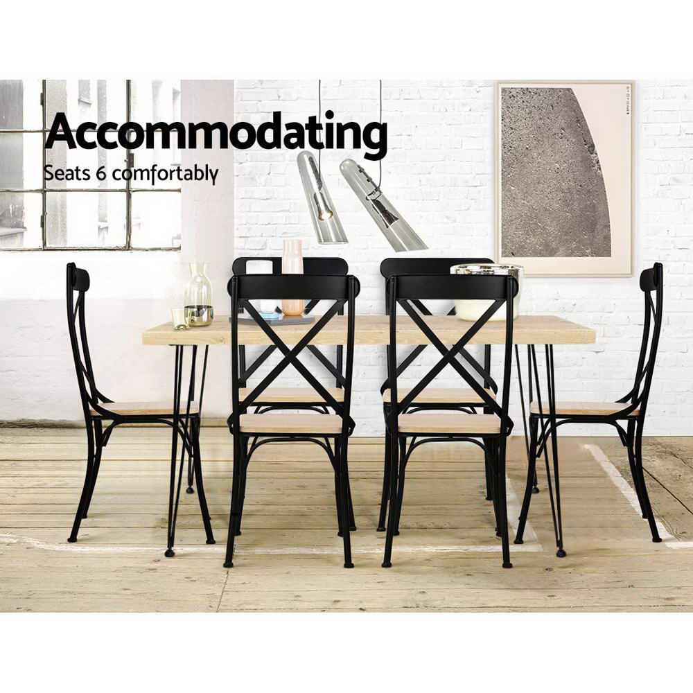 Artiss Dining Table 4 Seater 100 x 65cm Pine Wood Industrial Scandinavian Timber Metal Black Legs Brown Rectangular Tables