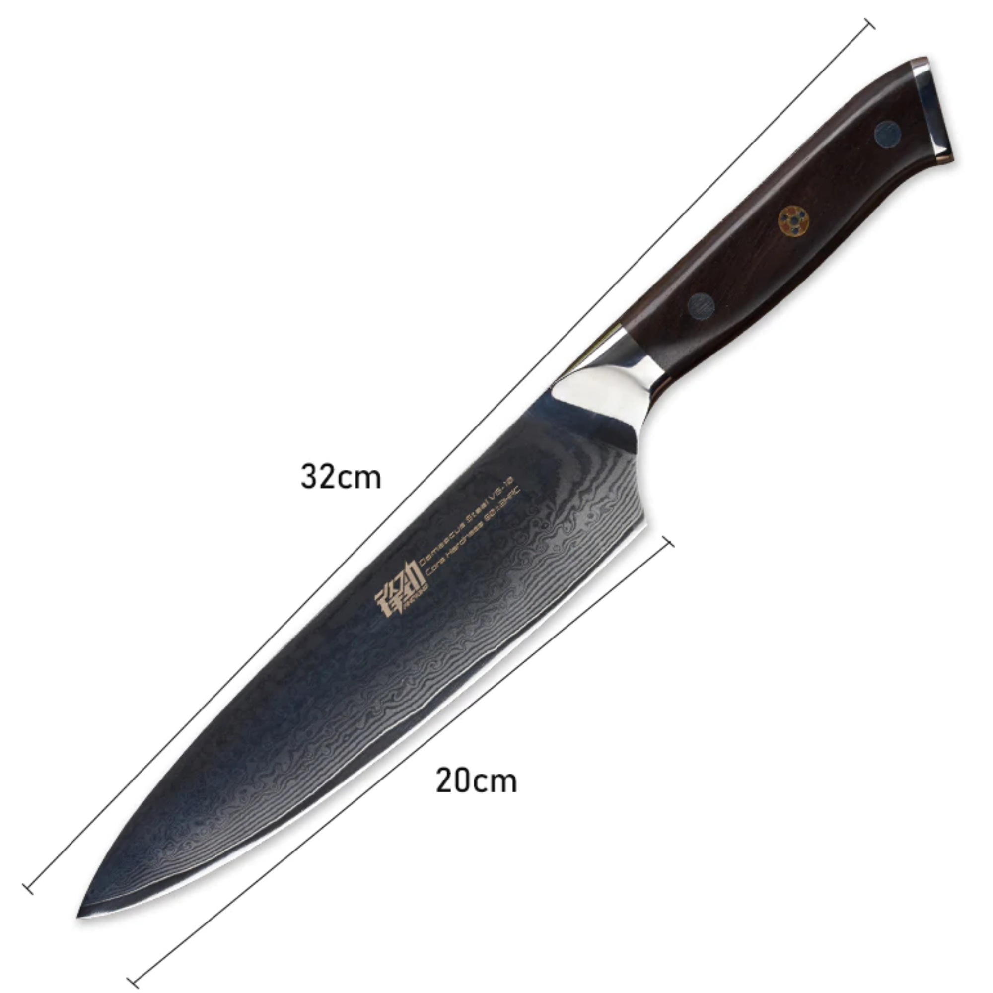 Contoured Damascus Chef Knife with an Ebony Wood Handle - 8 inch / 20cm