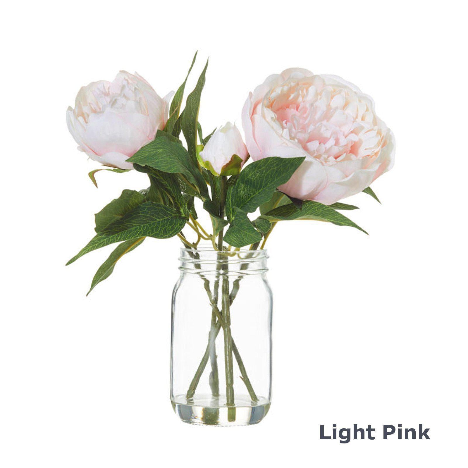 Peony Flowers & Glass Jar Vase - Artificial Floral Arrangement-artificial flowers and plants-Chef's Quality Cookware