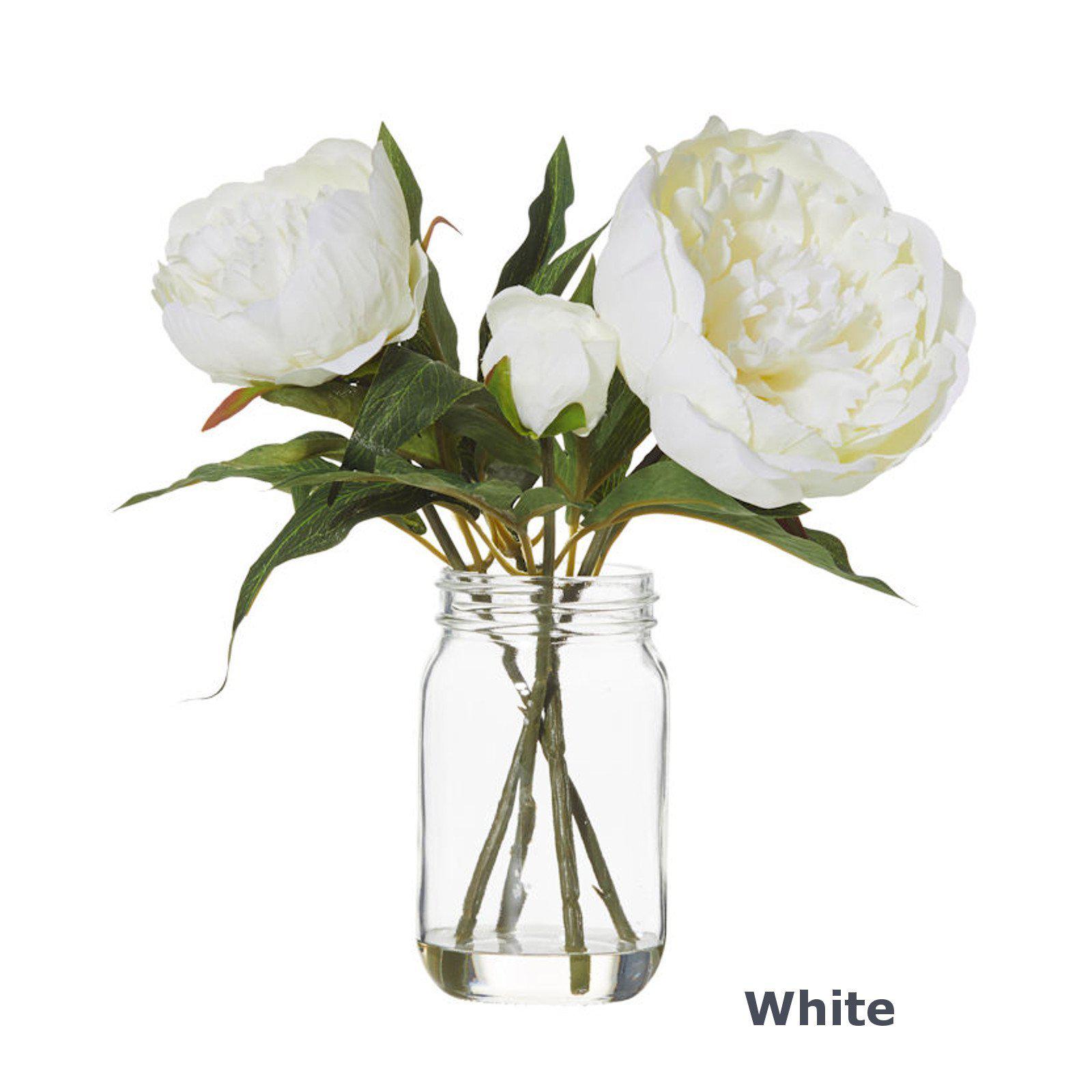 Peony Flowers & Glass Jar Vase - Artificial Floral Arrangement-artificial flowers and plants-Chef's Quality Cookware