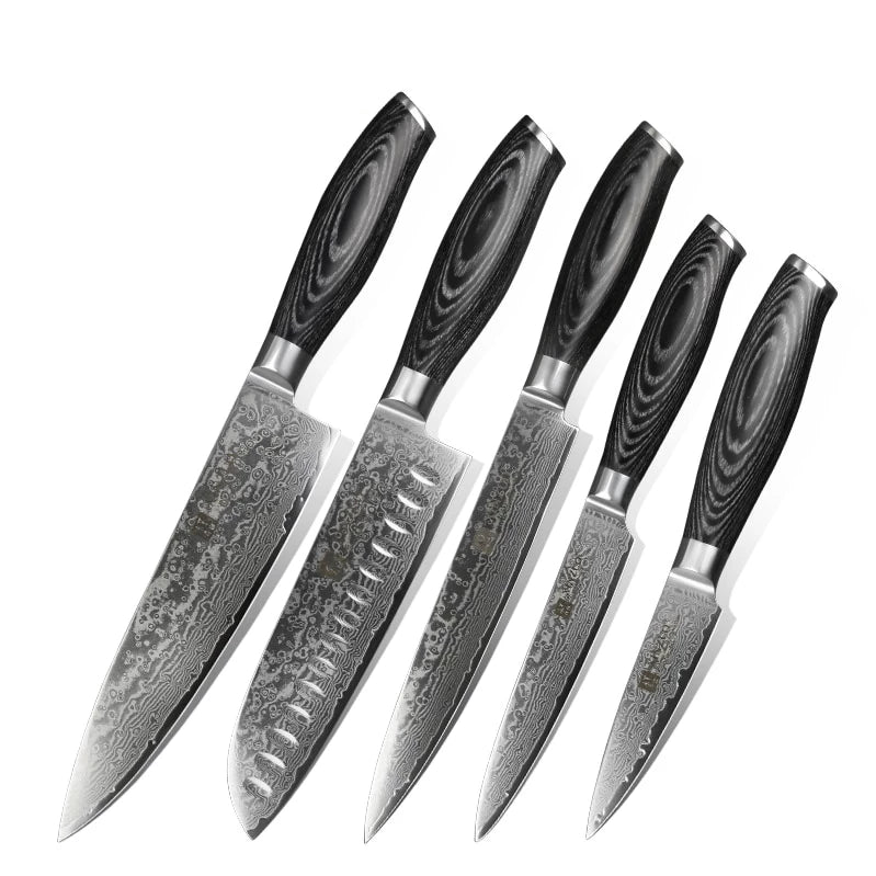 Damascus Kitchen Knife Set - Black Polished Wood Handles
