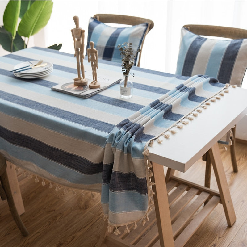 Blue & Grey Striped Tablecloth-Tablecloth-Chef's Quality Cookware