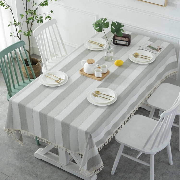 White & Grey Striped Tablecloth-Tablecloth-Chef's Quality Cookware