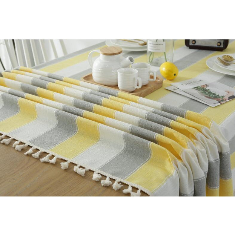 Yellow, White & Grey Striped Tablecloth-Tablecloth-Chef's Quality Cookware