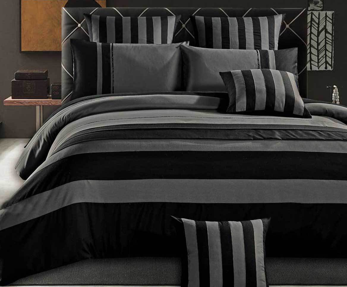 Luxton Super King Size Grey Black Sriped Quilt Cover Set(3PCS)